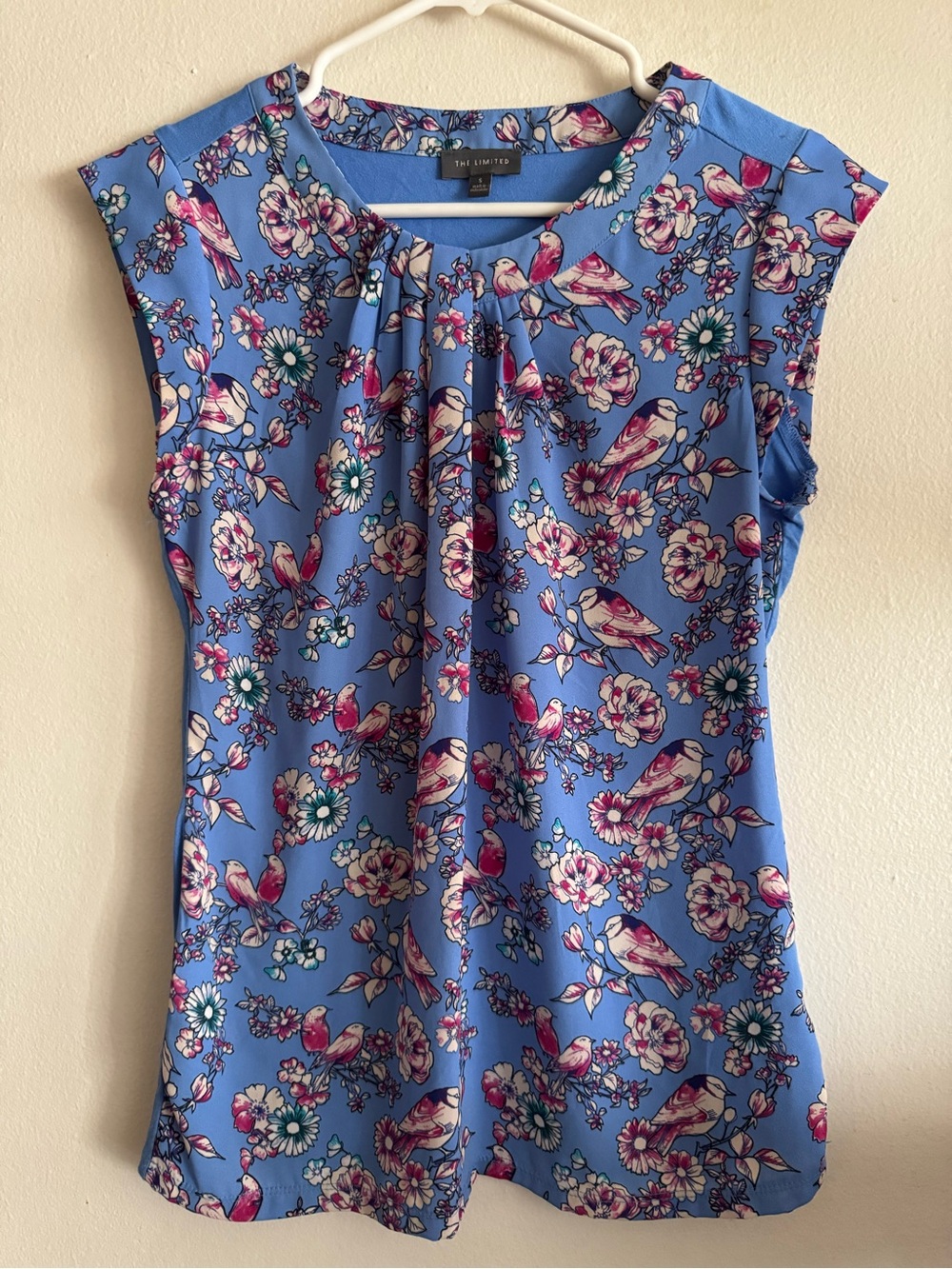 The Limited Blue Floral & Bird Pleated Cap-Sleeve Top